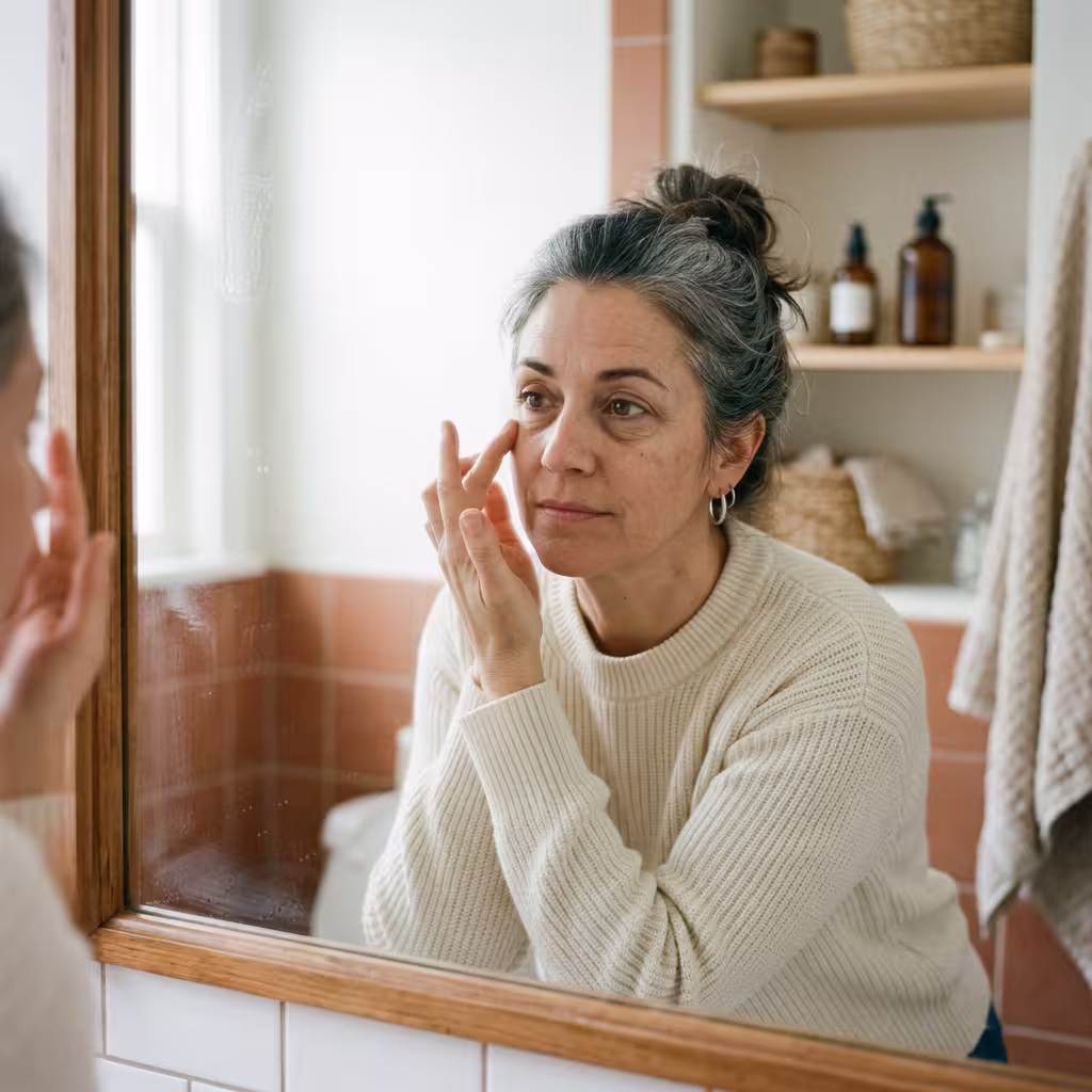 Woman in her forties examining her under-eyes in a bathroom mirror in soft morning light